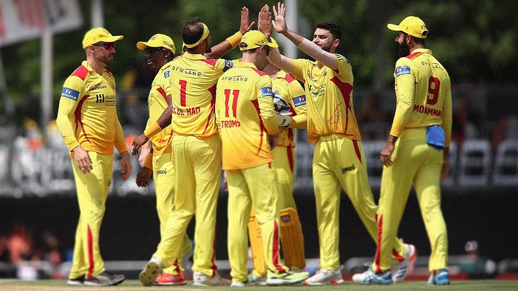 Photo: X/ @TexasSuperKings : Texas Super Kings teammates celebrating a wicket in MLC 2024.